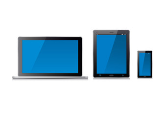 Laptop computer, tablet and blue screens. Vector Illustration.