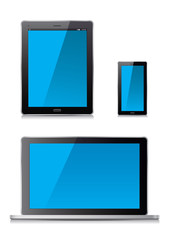 Laptop computer, tablet and blue screen. Vector Illustration.