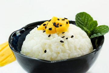 Thai coconut sticky rice with mangoes , selective focus