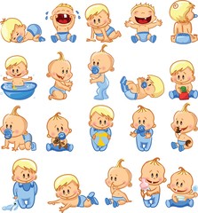 Vector illustration of baby boys and baby girls. Various poses.First year activities. Baby activities icons - baby in diaper, crawling, sitting, smiling, sleeping baby and others. 