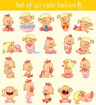 Vector illustration of baby girls. Various poses.First year activities. Baby activities icons - baby in diaper, crawling, sitting, smiling, sleeping baby and others. 