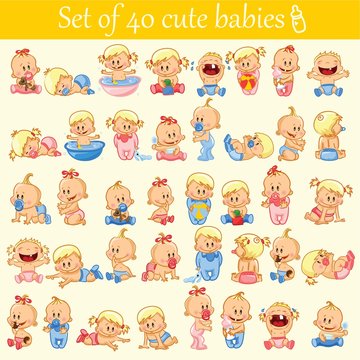 Vector illustration of baby boys and baby girls. Various poses.First year activities. Baby activities icons - baby in diaper, crawling, sitting, smiling, sleeping baby and others. 