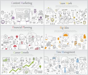 Doodle line design of web banner templates with outline icons of time management, career growth,big idea, finance planning, team work.Vector illustration concept for website or infographics. 