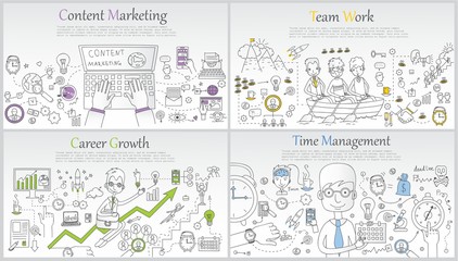 Doodle line design of web banner templates with outline icons of time management, career growth,big idea, finance planning, team work.Vector illustration concept for website or infographics. 