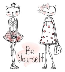 Romantic fashion kitty girls hipster with photo camera and bag