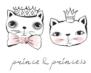 Vector doodle cute cat avatars princess and prince