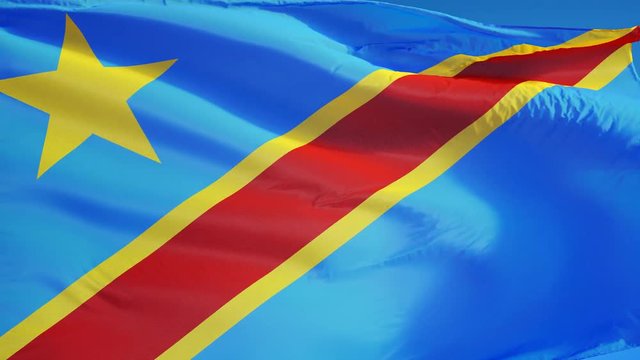 Democratic Republic of the Congo flag waving in slow motion against clean sky, seamlessly looped, close up, isolated on alpha channel with black and white matte, for film, news, digital composition