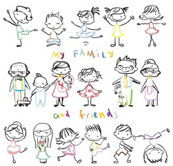 Vector children's doodle of happy family and friends. Happy family and kids holding hands and smiling