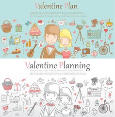 Doodle line design of web banner template with outline cartoon valentine icons. Valentine Planner Icons and Info graphics for invitation and greeting cards