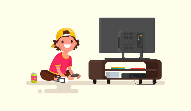 Boy playing video games on a game console. Vector illustration