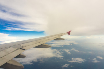 Fototapeta na wymiar Wing of airplane over the clouds