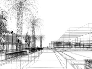 sketch design of urban ,3dwire frame render
