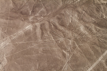 Aerial view of geoglyphs near Nazca - famous Nazca Lines, Peru. Condor figure is present.