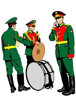 Men in uniform with musical instruments on a white background