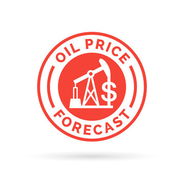 Oil price forecast icon stamp with red crude oil pump symbol and dollar sign. Petrol / gas market badge. Vector illustration.
