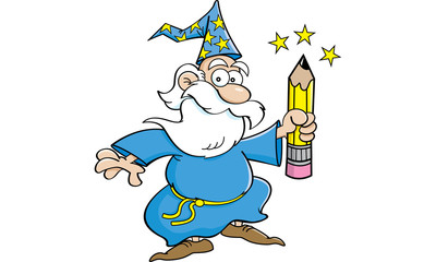 Cartoon illustration of a wizard holding a pencil.
