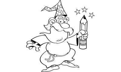 Black and white illustration of a wizard holding a pencil.
