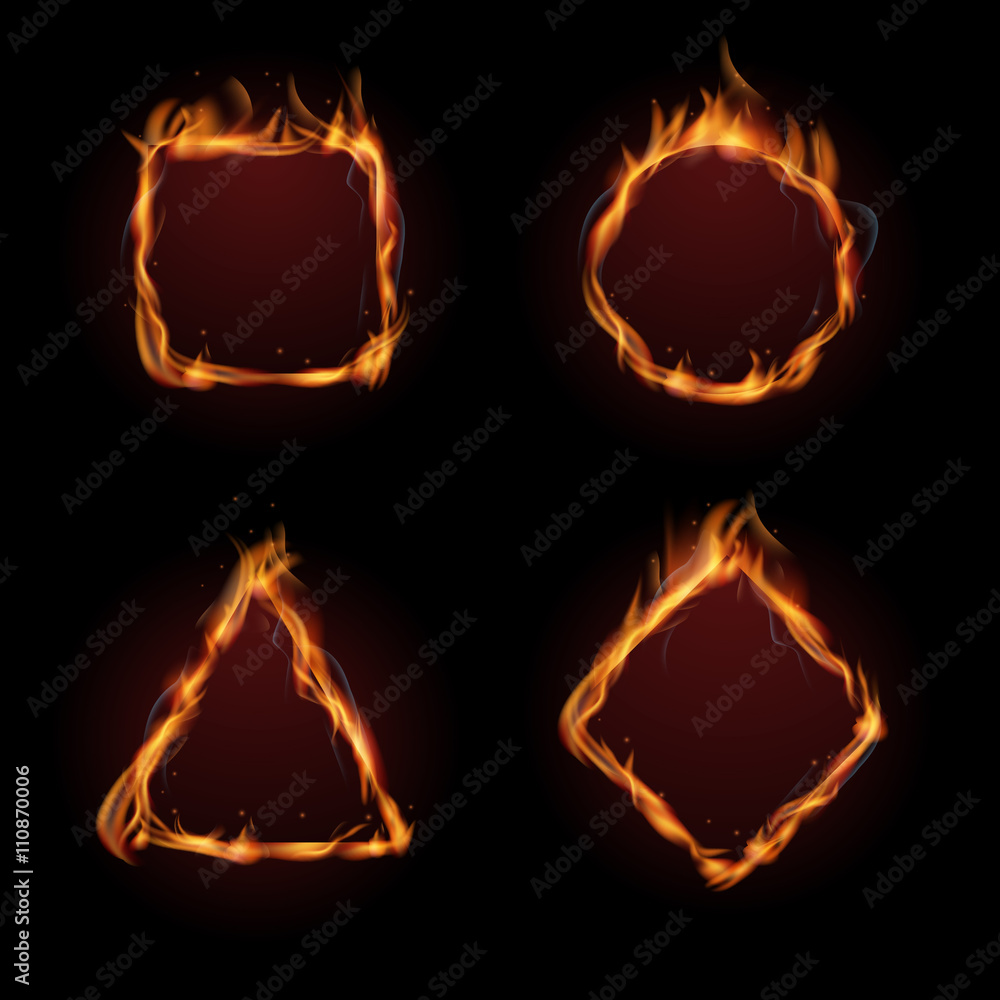 Poster Hot fire flame frame vector set. Fire heat burn and inferno fire form illustration