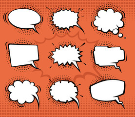 Comic speech bubbles, funny balloons with halftone shadows. Vector set illustration. Bubble comic for speech and think, chat bubble communication set