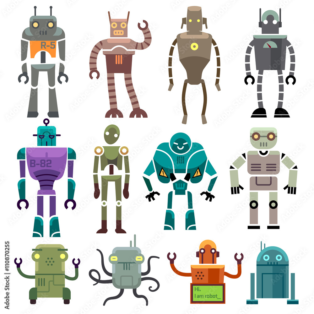 Poster cute vintage vector robot icons and characters. toy set robot and technology machine artificial robo