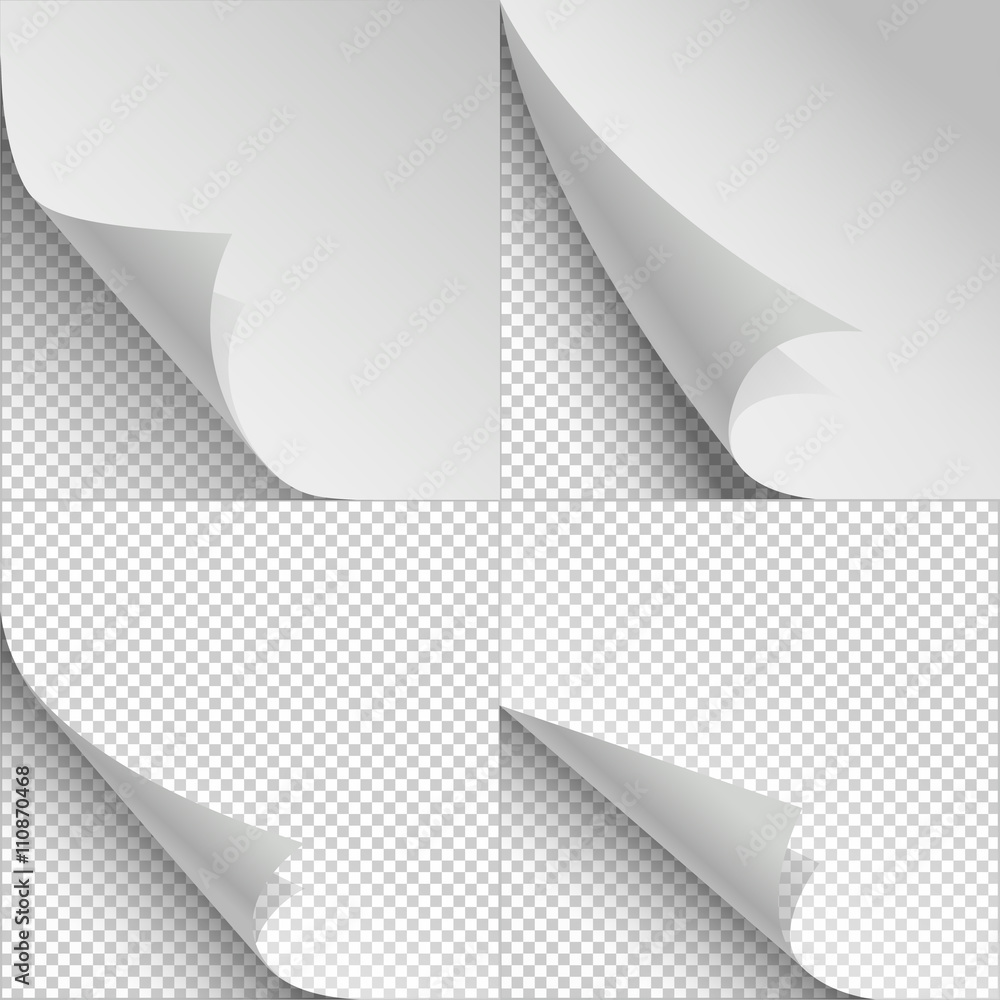 Poster blank sheets of paper with page curl and shadows. sheet paper with corner curl, blank paper bent set