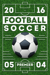 Soccer football poster with football field. Football or soccer game banner and sport competition soccer, championship football design. Vector illustration template