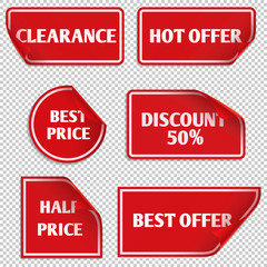 Vector red paper sale stickers with curled edge. Label sale and sticker tag sale illustration