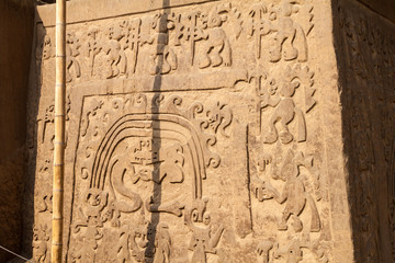 Detail of a rainbow decoration at archeological site Huaca Arco Iris (Rainbow Temple) in Trujillo, Peru