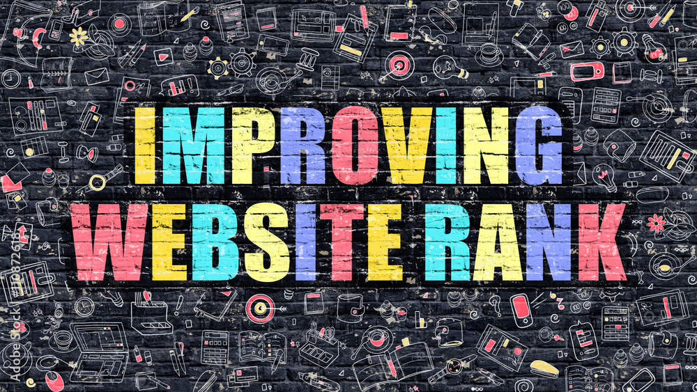 Poster improving website rank concept. improving website rank drawn on dark wall. improving website rank in