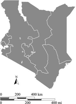 Kenya map vector outline with scales of miles and kilometers in gray background