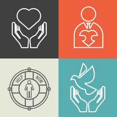 Charity, donation and volunteer concept backgrounds with vector logo line style