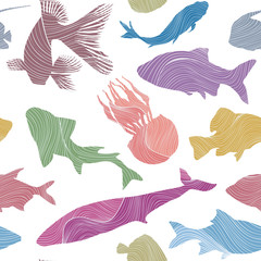 Fish seamless pattern Sketch underwater marine textured backgrou