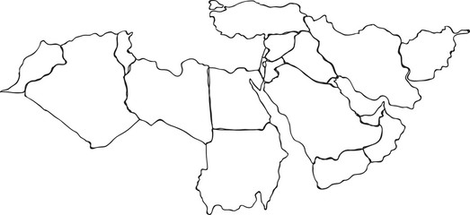 Freehand Middle east and nearby countries map sketch. Vector illustration