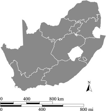 South Africa map vector outline with scales of miles and kilometers in gray background
