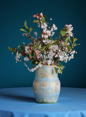 Flowering branches of Apple and cherry in a blue jug on a blue b