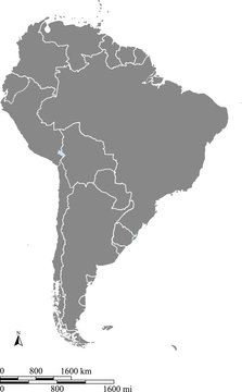 South America map vector outline with scales of miles and kilometers in gray background