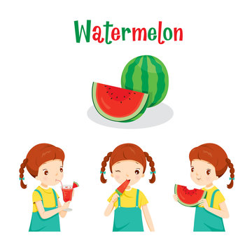 Girl With Watermelon Fruit, Juice, Ice Cream And Letters, Tropical Fruits, Summer, Healthy Eating, Food, Juice
