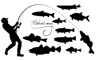 fisherman and fishes silhouettes - obrazy, fototapety, plakaty