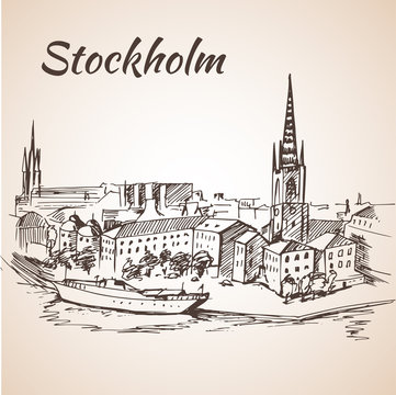 Stockholm, Sweden - city view. Hand drawn ink line pen.