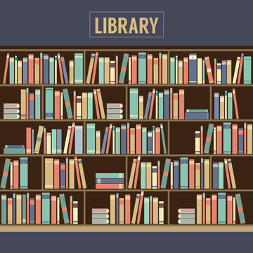 Bookcase In Library Vector Illustration.