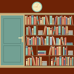 Bookcase In Reading Room Vector Illustration.