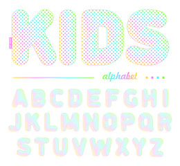 A cheerful kids font with colored dots used in education, advertising, design shops, and postcards for the holidays. Vector illustration.