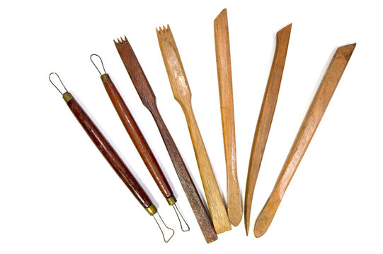 Carving tools, pottery white background