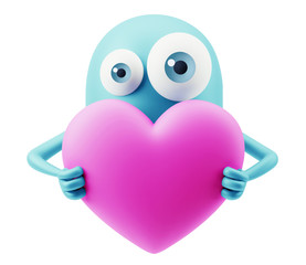 Love Emoticon Face Holding Heart. 3d Rendering.