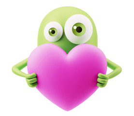Love Emoticon Face Holding Heart. 3d Rendering.