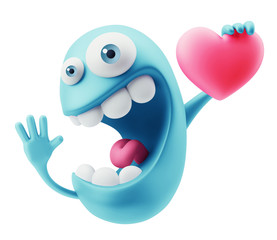 Love Emoticon Face Holding Heart. 3d Rendering.
