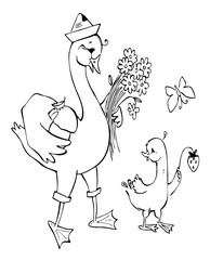 Father-goose is walking with his son. Black and white vector illustration. Coloring book.
