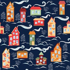 Cute cartoon winter city map with different colorful houses. Seamless vector illustration.