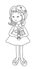 Beautiful doll for coloring book. Black and white illustration.