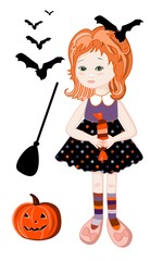 Cute redhead girl in halloween witch costume with pumpkin, broom and bats.